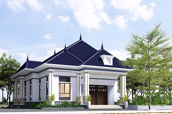 Trên khuôn viên đất 5×20, ngôi nhà cấp 4 được thiết kế với kiến trúc mái thái giật cấp hiện đại. Ảnh: Anlocgroup