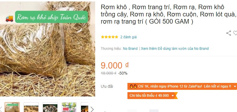 Tại nhiều vùng quê ở nước ta, rơm rạ đang bị đốt bỏ rất lãng phí. Thế nhưng, trên sàn thương mại điện tử, rơm khô có giá 18.000 đồng/túi (500g). Sau khi giảm giá, túi rơm còn 9.000 đồng.