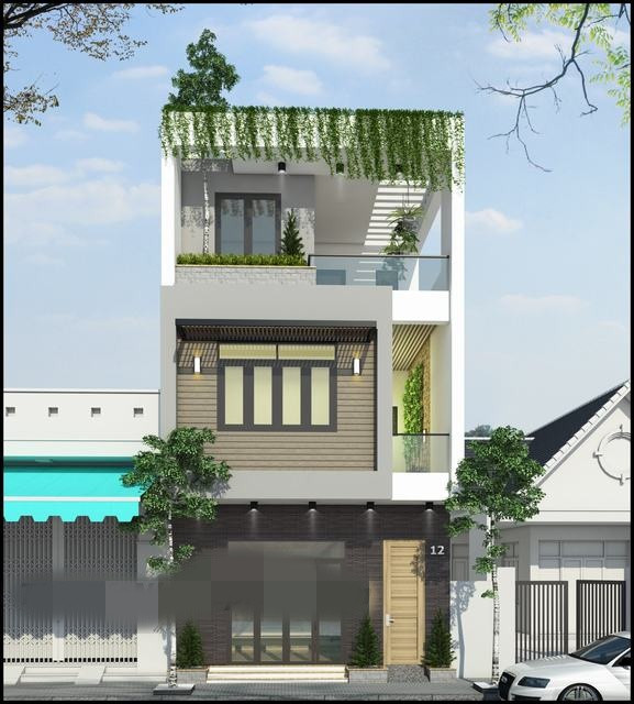 Ngôi nhà chia thành 2 không gian lệnh tầng, một bên cửa chính 4 cánh vào là phòng khách, một 1 bên là cửa phụ lối vào để xe máy. Ảnh: Thietkenhadepmoi