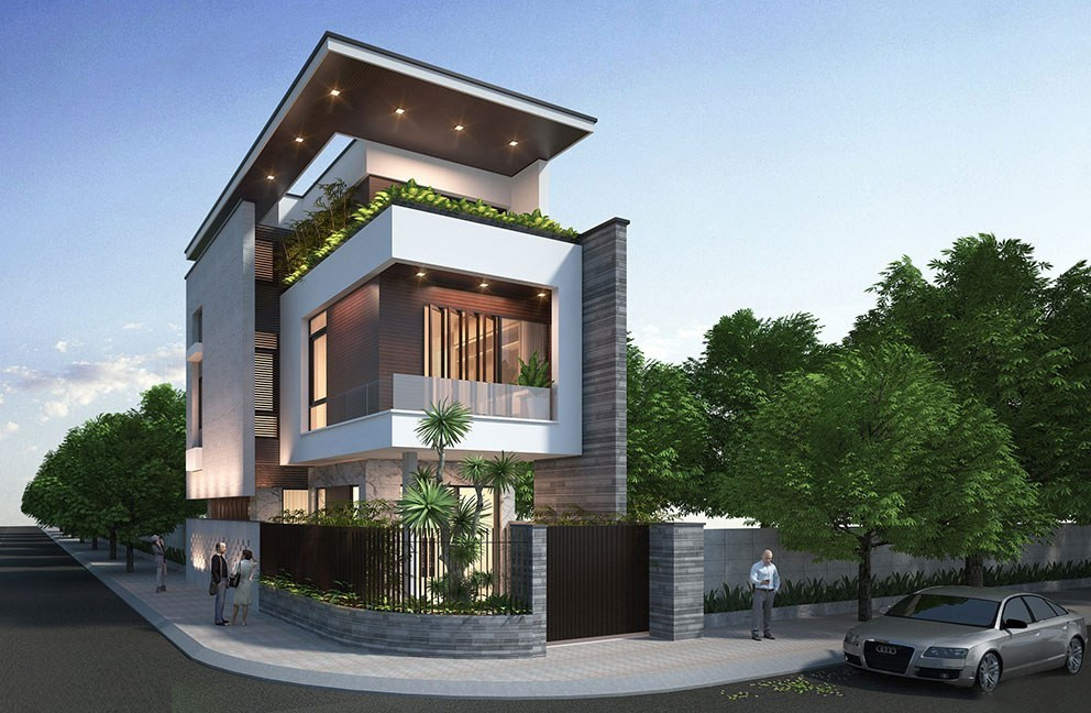 Mẫu nhà ống 2 tầng 1 tum sở hữu hình khối kiến trúc thiết kế giật cấp ấn tượng, với những khối đua rộng ở mỗi tầng. Ảnh: Wedo