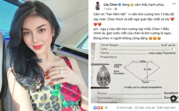 Mới đây, trên trang cá nhân, LiLy Chen - Á quân 1 Tình Bolero bất ngờ khoe viên kim cương trị giá 1 triệu USD do một "Fan hâm mộ" tặng. Tuy nhiên, ngay sau đó, bài đăng đã biến mất trên tường nhà Lily Chen. Ảnh: Pháp luật &amp; Bạn đọc