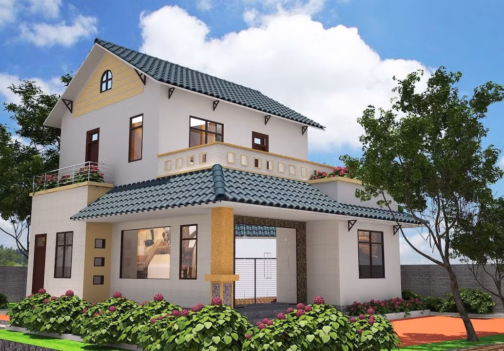 Mẫu nhà 2 tầng mái thái 8x10m có ban công rộng thoáng. Các viên ngói có độ gợn sóng vừa phải góp phần mang đến sự mềm mại. Ảnh: Wedo