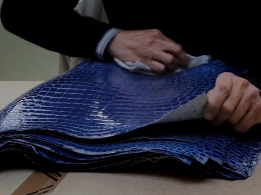 Người thợ kiểm tra da cá sấu để xác định xem miếng da nào lý tưởng cho việc làm túi.