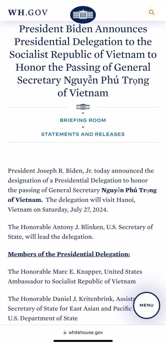 Nha Trang cong bo doan dai dien Tong thong My sang vieng Tong Bi thu Nguyen Phu Trong