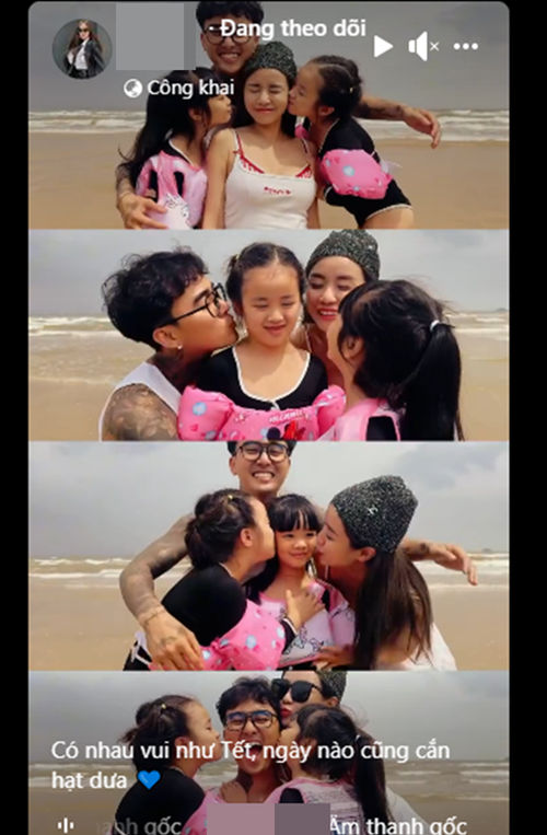 "Có nhau vui như Tết, ngày nào cũng cắn hạt dưa", Bảo Ngọc chia sẻ khi khoe ảnh bên bạn trai và các con trong chuyến du lịch biển.