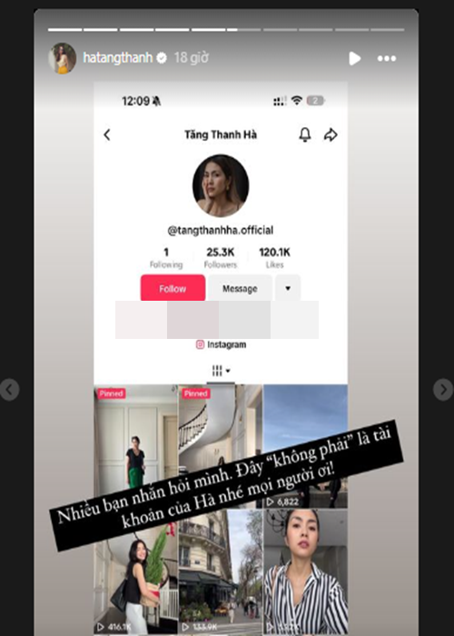  Tăng Thanh Hà vừa chia sẻ ảnh chụp một tài khoản trên nền tảng TikTok đang mạo danh cô.