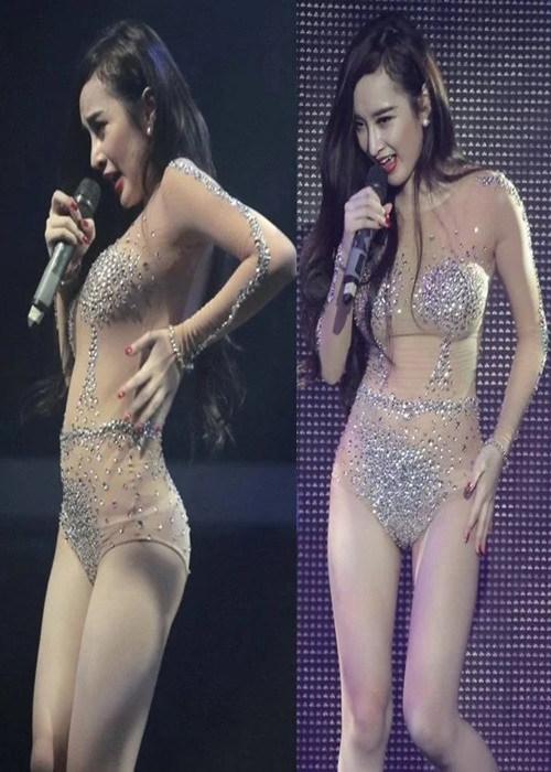 Năm 2013, Angela Phương Trinh diện trang phục bó sát màu nude khi biểu diễn ở quán bar. Nhiều người chỉ trích nữ diễn viên ăn mặc phản cảm. Ảnh: Yan News.