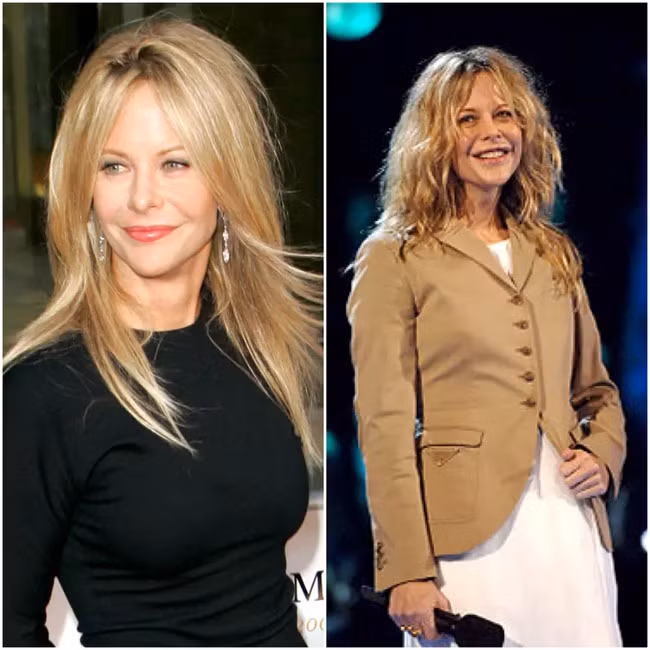 Meg Ryan là một trong những ngôi sao Hollywood càng già lại càng xấu, nhưng nữ diễn viên Không ngủ ở Seattle thay đổi ngoại hình một cách xấu xí nhất là khi cô ly hôn Dennis Quaid. (Ảnh: pinterest.com, nydailynews.com)