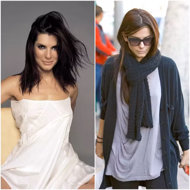 Chia tay người chồng 4 năm Jesse James vào năm 1994 Sandra Bullock đã bị stress một thời gian và tinh thần không tốt đã ảnh hưởng tới nhan sắc của ngôi sao Hollywood theo chiều hướng tiêu cực. (Ảnh: pinterest.com, gawker.com).