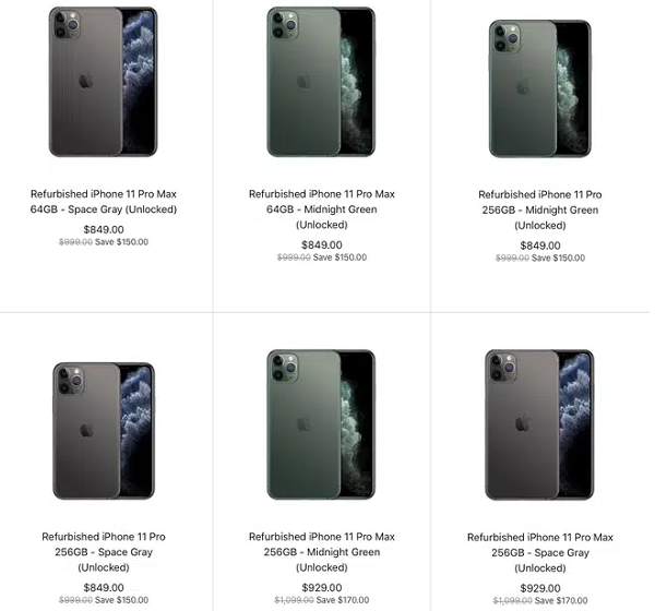 Mức giá của iPhone 11, iPhone 11 Pro và iPhone 11 Pro Max hàng tân trang rẻ hơn 300-350 USD so với mức giá ban đầu. Cụ thể, giá của từng model như sau: