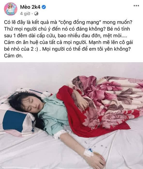 Cô nàng đã phải nhập viện trong tình trạng sốc nặng. Thông tin trên được đăng tải trên fanpage Mèo 2k4 với hơn 567.000 người theo dõi bởi quản lý của nữ streamer này.