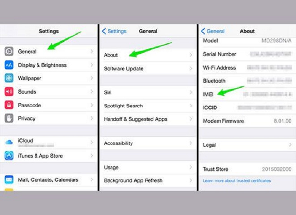 Cách kiểm tra khi mua iphone cũ bằng IMEI bạn có thể tiến hành bằng 2 cách: Cách 1: Mở trình gọi và nhấp cú pháp *#06# để nhận được IMEI iPhone. Cách 2: Ngay trên iPhone, bạn truy cập vào Cài đặt, chọn Cài đặt chung và kéo xuống thư mục IMEI để kiểm tra.