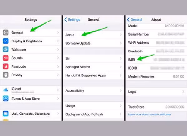 Cách kiểm tra khi mua iphone cũ bằng IMEI bạn có thể tiến hành bằng 2 cách: Cách 1: Mở trình gọi và nhấp cú pháp *#06# để nhận được IMEI iPhone. Cách 2: Ngay trên iPhone, bạn truy cập vào Cài đặt, chọn Cài đặt chung và kéo xuống thư mục IMEI để kiểm tra.