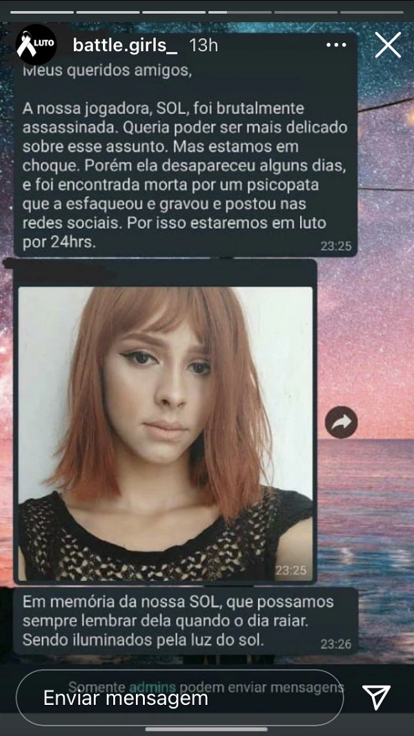 Tổ chức CODM của Brazil, Jaguares Gaming chia sẻ lời tri ân sâu sắc dành cho nữ game thủ xấu số: "Với nỗi buồn sâu sắc, Jaguares Esports cầu chúc cho sức khỏe của gia đình SOL và tổ chức FBI. Chúng tôi bày tỏ sự thương tiếc sâu sắc. Hãy yên nghỉ và công lý sẽ được thực thi"