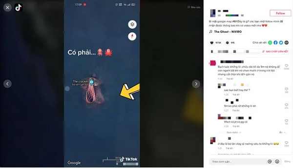 Một tài khoản TikTok đã chia sẻ video quay lại ứng dụng bản đồ Google Maps. Khi phóng to vào khu bến thuyền thuộc vịnh Elliot tại Washington (Mỹ), cách đó 50 m xuất hiện hình ảnh vật màu đỏ, được cho là xúc tu của một con bạch tuộc.