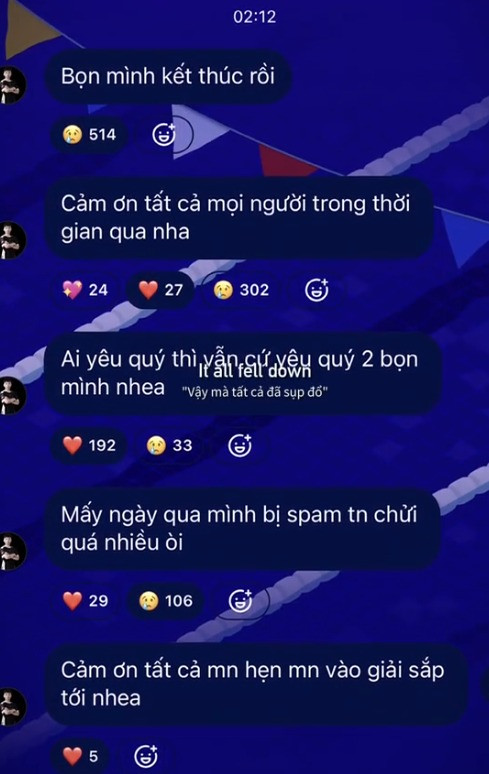 Cụ thể, Fish cho biết: "Bọn mình kết thúc rồi. Cảm ơn tất cả mọi người trong thời gian qua…".