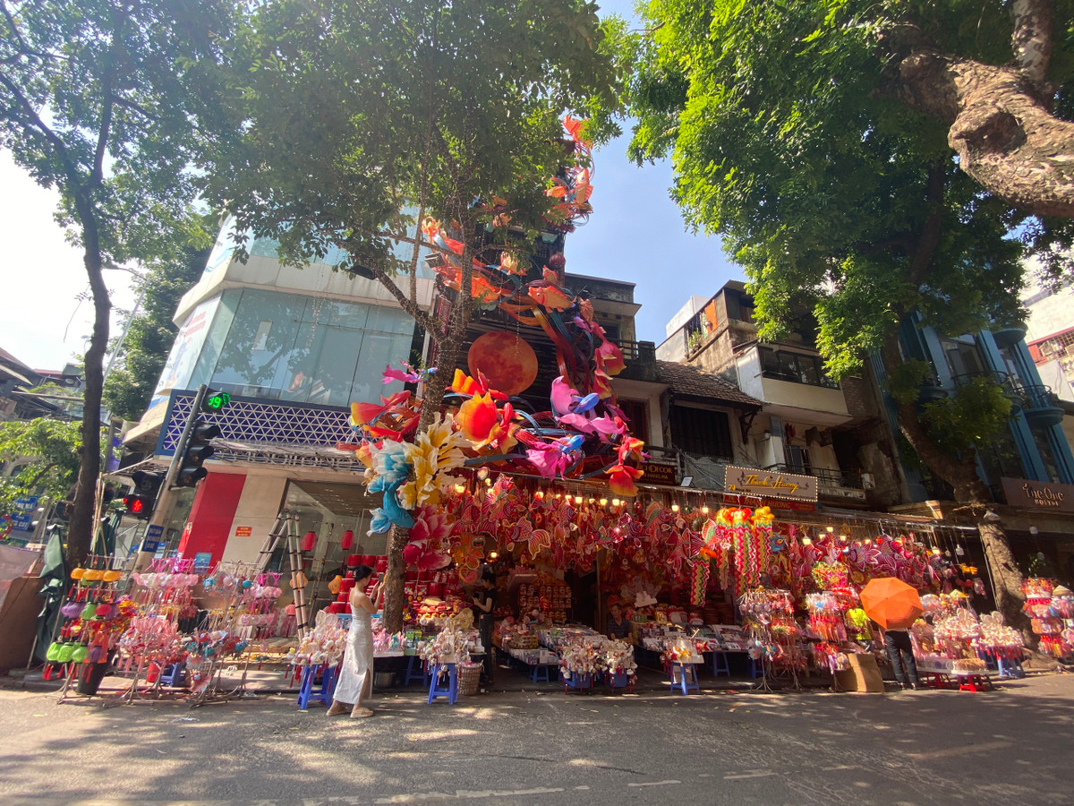 Một cửa hàng ở đầu phố Hàng Mã giao với Hàng Cót đã chi đến 300 triệu đồng cho mô hình cá chép khổng lồ vô cùng nổi bật, được treo cao đến 3 tầng nhà.