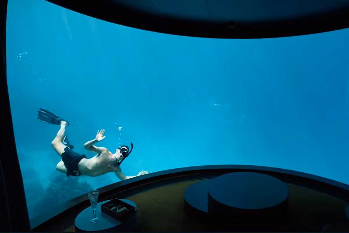 Phòng còn có khu vực ghế ngồi kiểu "rạp hát" nhìn ra biển. Từ đây, các bạn sẽ được ngắm nhìn bạn bè lặn tự do cùng các đàn cá bên ngoài ô cửa kính. Tuy nhiên, cặp đôi nhận xét rằng nhà vệ sinh với tầm nhìn hướng ra rạn san hô là "chỗ ngồi tốt nhất trong căn phòng". Ảnh: Kara and Nate.