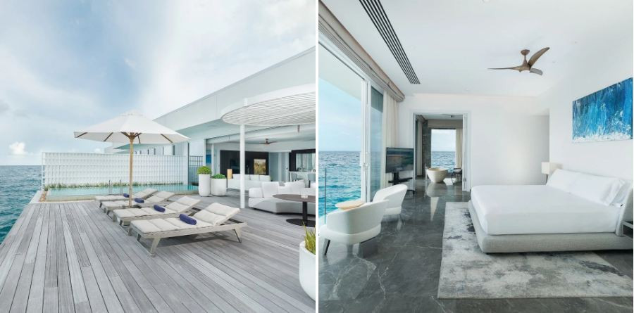 Phần trên của ngôi biệt thự là không gian phòng khách rộng lớn với phòng ngủ, bồn tắm với view thoáng đãng, bên ngoài là hồ bơi vô cực. The Muraka Suite còn có đội ngũ quản gia được đào tạo bài bản, chuyên phục vụ nhu cầu của khách. Ảnh: @conrad_maldives.
