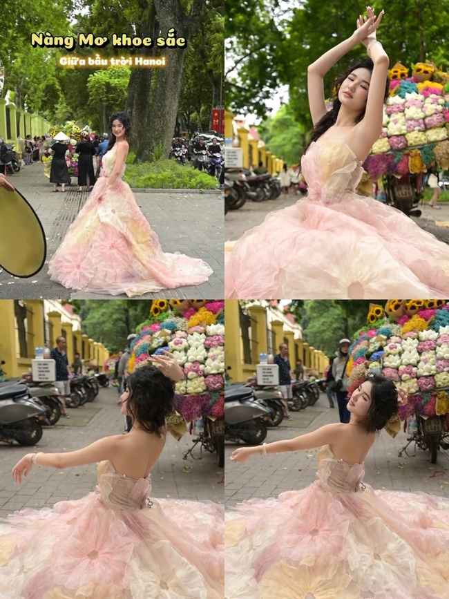 Đi kèm với bộ trang phục là mái tóc bồng bềnh xoăn rối, nàng Mơ tạo nên hình ảnh giống như công chúa cổ điển trong các câu chuyện cổ tích.