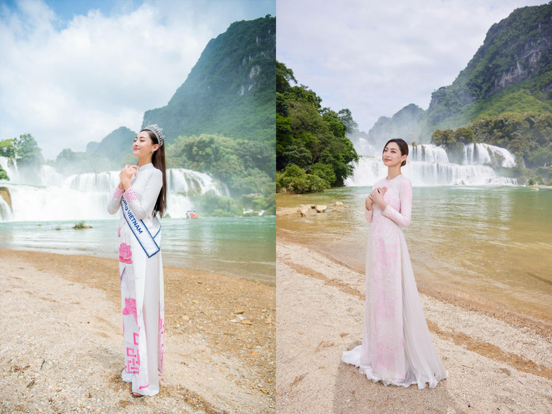 Hoa hậu Lương Thùy Linh mới đây đã tung ra bộ ảnh “đẹp như mơ” tại thác Bản Giốc - nơi thu hút lượng khách du lịch lớn tại Cao Bằng.