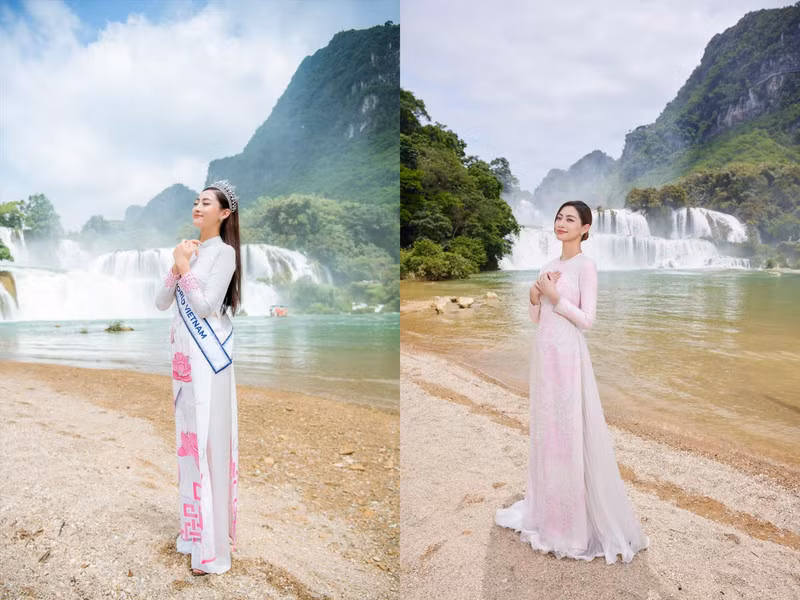 Hoa hậu Lương Thùy Linh mới đây đã tung ra bộ ảnh “đẹp như mơ” tại thác Bản Giốc - nơi thu hút lượng khách du lịch lớn tại Cao Bằng.