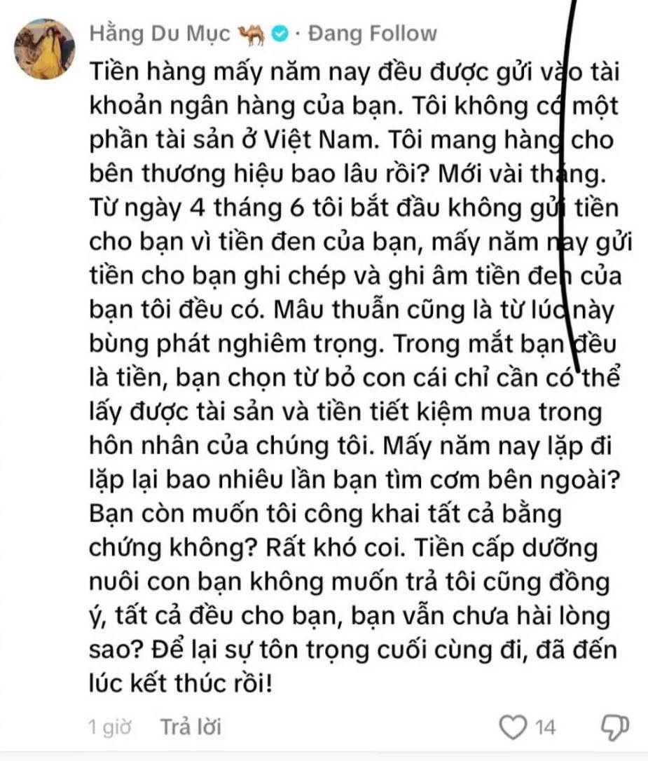 Trước đó, khi Tôn Bằng lên tiếng trong 1 bài đăng về chuyện tài sản trong hôn nhân, Hằng Du Mục còn công khai để lại bình luận phía dưới bài đăng đó.
