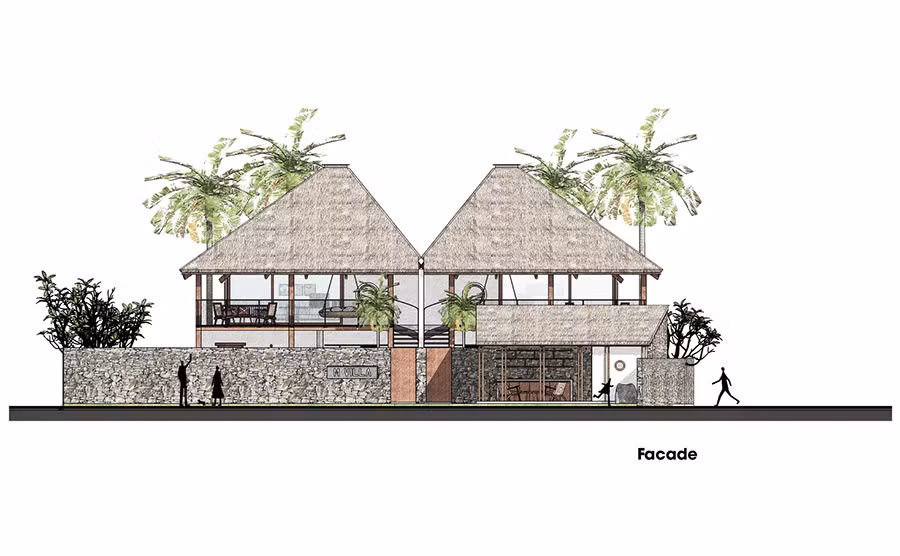 Thách thức của dự án này là khai thác hiệu quả cảnh quan xung quanh và thổi hồn vào công trình thông qua việc sử dụng các vật liệu địa phương. Hơn nữa, dự án phải chịu được khí hậu khắc nghiệt tại Hội An, khi mùa mưa kéo dài và mùa đông rất lạnh. Thậm chí, nơi đây thường chứng kiến những trận bão và lũ lụt hàng năm. Ảnh: Thiết kế mặt tiền công trình.