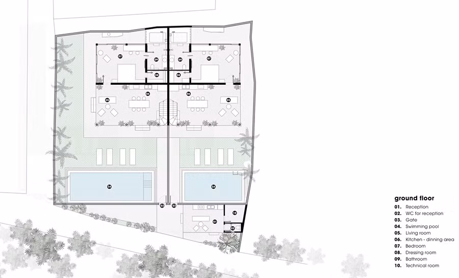 Kiến trúc sư đề xuất ý tưởng sử dụng mái lá dừa lớn làm mái che. Nhìn từ xa, căn biệt thự giống như một căn lều lớn. Các khu vực sinh hoạt được bố trí ở bên ngoài trong khi không gian bên trong được dành cho việc nghỉ ngơi. Đồng thời, cả hai không gian đều được kết nối thông suốt với thiên nhiên xung quanh. Ảnh: Mặt bằng chi tiết tầng trệt của công trình.