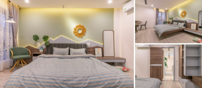 Phòng ngủ tông xanh cốm, khung cửa sổ nhìn ra vườn đầy lãng mạn vào mỗi sớm mai.