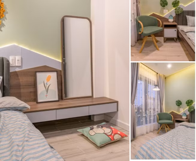 Họa tiết gối đến ghế ngồi cùng tông màu, cho phòng ngủ thêm sống động.