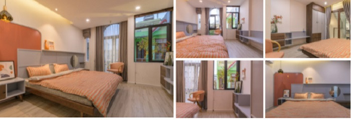 Phòng ngủ tông hồng cam ngọt ngào và thật nhiều ánh sáng trời.