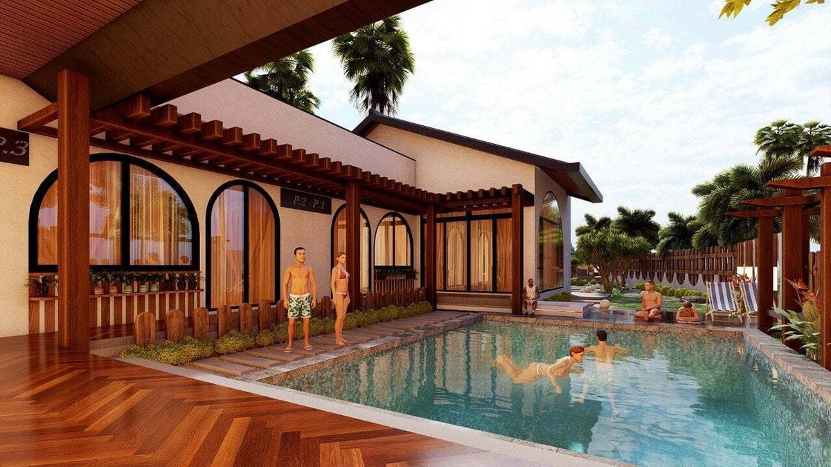 Chi phí để xây dựng nhà vườn có bể bơi thường cao hơn các mẫu nhà vườn khác. Giá thành để xây dựng bể bơi phụ thuộc vào khá nhiều yếu tố như: Diện tích, hình dáng của bể bơi... càng nhiều hạng mục, chi phí sẽ càng cao. Ảnh: Kiến trúc sư Phan Hiển.