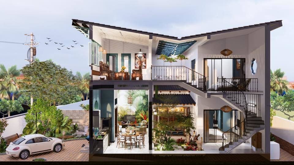 Ngoài sân vườn bao quanh, kiến trúc sư bố trí một khoảng vườn mini, kết nối hai khu nhà thành 1. Ảnh: Kiến trúc sư Nguyễn Anh Tú.