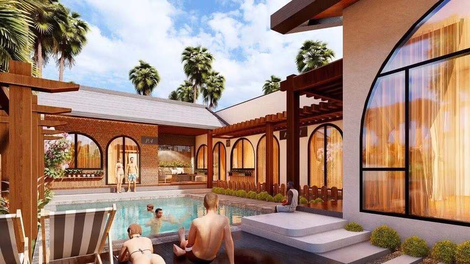 Bể bơi được bao bọc bởi khu nhà, mang đến trải nghiệm sống tuyệt vời cho gia chủ. Ảnh: Kiến trúc sư Phan Hiển.