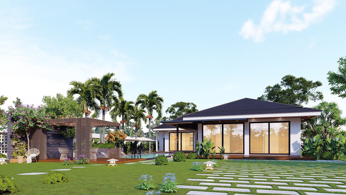  Biệt thự vườn kết hợp mái Thái sang trọng. Thiết kế biệt thư vườn cấp 4 kết hợp mái Thái được xây dựng trên một diện tích lớn. Với lối thiết kế kiến trúc theo kiểu mái Thái, biệt thự thích hợp xây dựng ở cả nông thôn và ngoại ô thành phố. Chi phí xây dựng mẫu nhà này nằm khoảng từ 900-1,2 tỷ đồng tùy chất lượng vật liệu và mức độ hoàn thiện. Ảnh: Kiến trúc sư Phan Hiển.