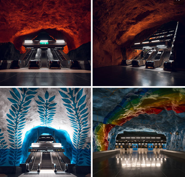 Các ga tàu điện ngầm ở Stockholm trông giống như hang động huyền bí.