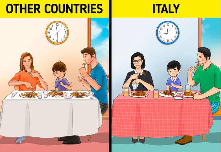 Người dân ở đất nước Italy ăn tối khá muộn. Nhiều nhà hàng phải đến 19 - 19h30 mới bắt đầu mở cửa. Tùy theo từng khu vực, người dân nước này có thể ăn tối vào khoảng 21 giờ. Nguyên nhân được cho là do họ có thời gian nghỉ dài 2 tiếng vào giữa ngày làm việc, vì vậy họ cũng ăn tối muộn. Ảnh: BS.