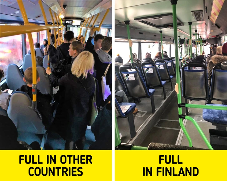 Người dân Phần Lan tôn trọng không gian cá nhân. Ngay cả khi trời mưa hay tuyết rơi, bạn sẽ không bao giờ thấy mọi người chen chúc dưới mái che của trạm xe buýt. Bạn sẽ thấy mọi người xếp hàng ngay ngắn và đứng cách nhau. Khi lên xe buýt, họ thích ngồi một mình hoặc đợi xe buýt khác hơn là ngồi chung ghế với người khác.