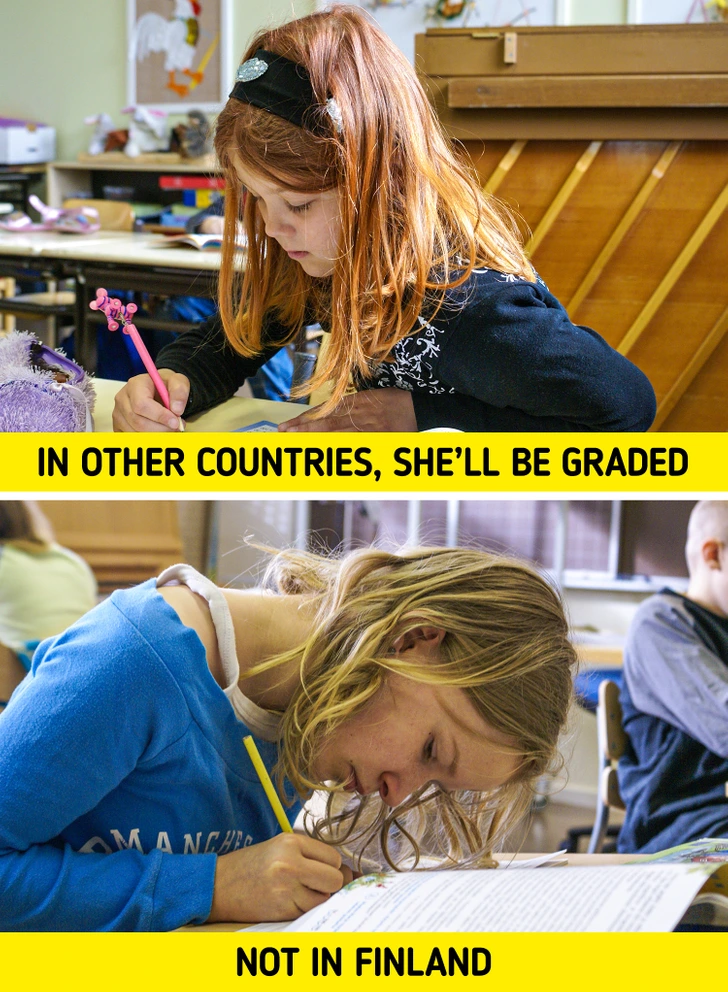 Tại các trường tiểu học tại Phần Lan, trẻ em không được đánh giá bằng điểm số. Giáo viên và phụ huynh không mong đợi con em, học sinh của họ đến trường để cạnh tranh giành điểm cao nhất. Bầu không khí trong trường học khá thoải mái và giống như ở nhà.