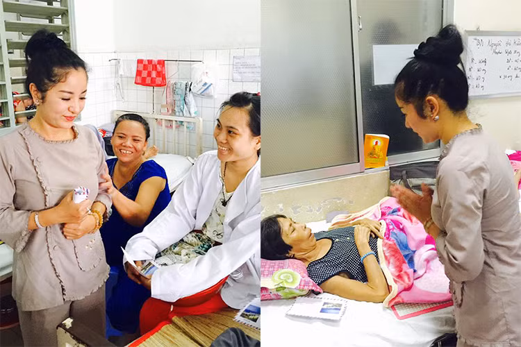 Thúy Nga đến thăm, chia sẻ và cầu nguyện cho các bệnh nhân mau khỏe và an vui. Cô còn tâm sự: “Mỗi ngày hạnh phúc nhất là được làm 1 việc tốt”.