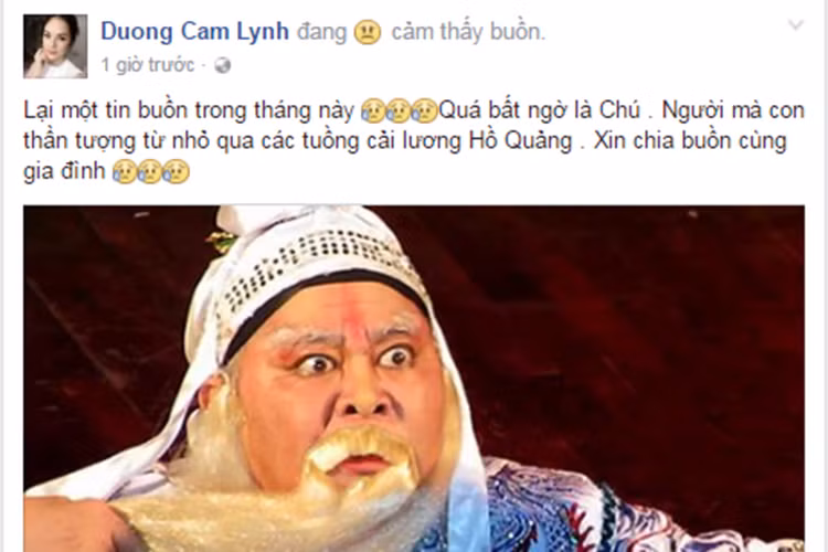 Là một fan của nghệ sĩ Thanh Tòng, diễn viên Dương Cẩm Lynh cảm thấy bất ngờ khi ghen hung tin. Cô viết: “Lại một tin buồn trong tháng này. Quá bất ngờ là chú - người mà con thần tượng từ nhỏ qua các tuồng cải lương Hồ Quảng. Xin chia buồn cùng gia đình”. 