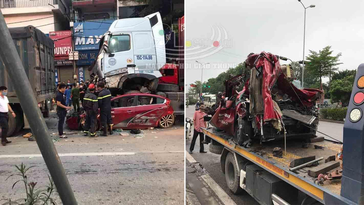Tại hiện trường, ô tô con màu đỏ hoàn toàn biến dạng hoàn toàn. Còn bánh xe container chèn đúng vào vị trí trung tâm chiếc xe con. 
