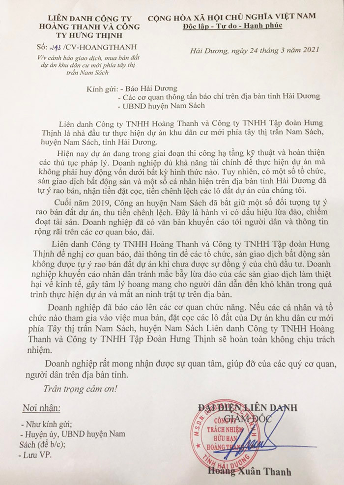 Chủ đầu tư gửi công văn cảnh báo tình trạng "cò" rao bán, thu tiền chênh trái phép tại dự án.