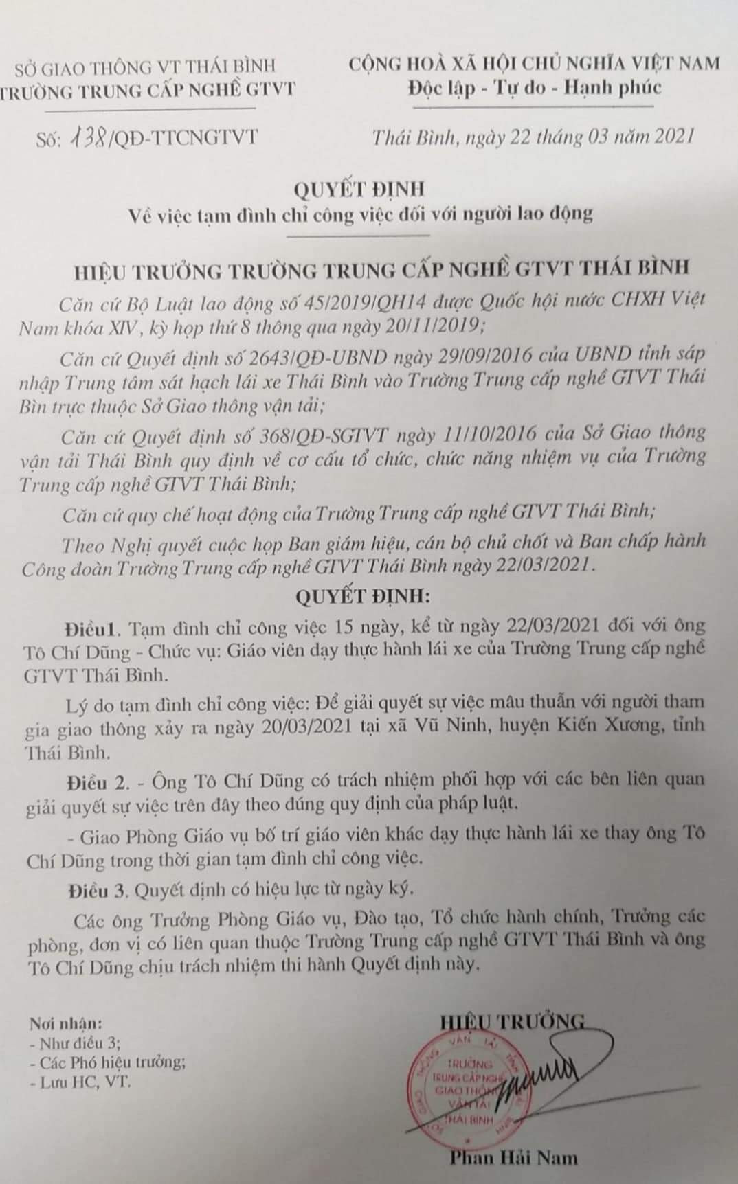 Tam dinh chi giao vien day lai xe o Thai Binh bi to danh nguoi-Hinh-2