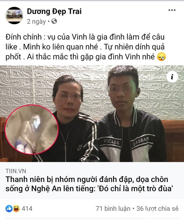 Đáng chú ý, khi công an đang xác minh về clip chôn sống nam thanh niên, Dương cũng đăng tải trên Facebook với nội dung cho rằng, đây chỉ là một trò đùa gia đình nạn nhân làm để câu like và bản thân anh ta không liên quan vụ việc. 
