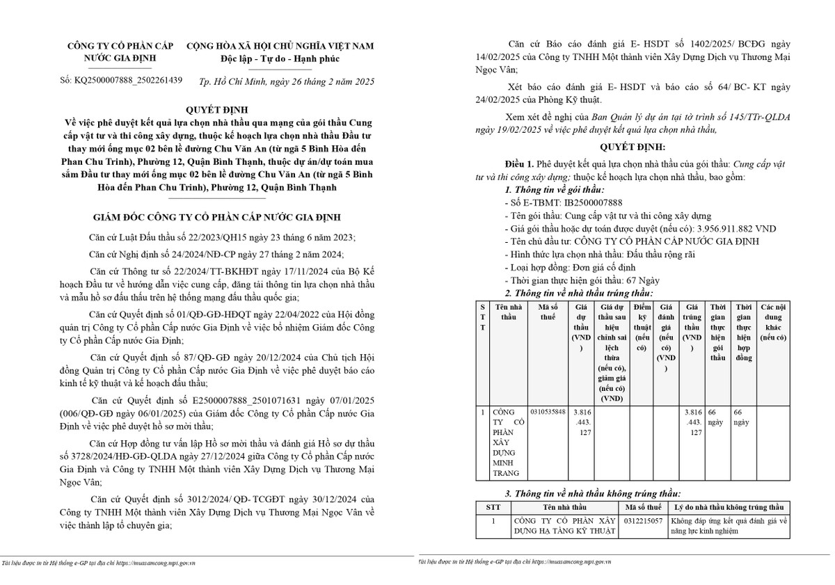 Cấp nước Gia Định: Công ty Minh Trang 1 ngày trúng 2 gói thầu Cap nuoc Gia Dinh: Cong ty Minh Trang 1 ngay trung 2 goi thau