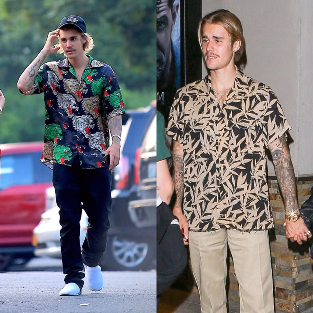 Vẫn là những mẫu sơ mi họa tiết mùa hè, nam ca sĩ tiếp tục gây xôn xao khi kết hợp nó với các loại quần kaki, quần âu tối màu hoặc ton-sur-ton với áo. Nhìn hình ảnh này, người hâm mộ không khỏi tiếc nuối về một Bieber "mặt búng ra sữa" như những năm về trước.