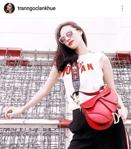 Lan Khuê bắt nhịp thời trang thế giới với chiếc túi saddle của Dior. Hiện giá của túi Saddle đang ở mức 2350 USD (53 triệu đồng) cho cỡ mini và 8500USD (193 triệu đồng) cho cỡ trung với các chi tiết thêu đính cầu kỳ.