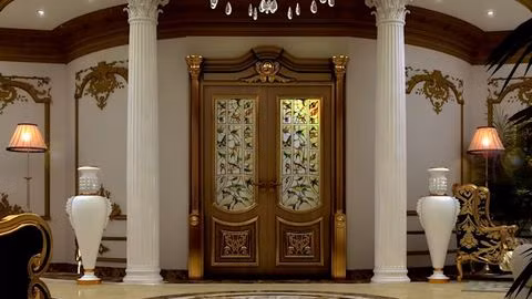 Vàng ánh kim sang trọng Cánh cửa ra vào vàng ánh kim luôn tỏa sáng rực rỡ tạo cho chúng ta cảm giác tươi mới, hạnh phúc, yên tĩnh, dễ chịu, để chào đón khách ghé thăm nhà bạn, khách du lịch đến khách sạn hay những đối tác tới giao dịch. Phù hợp với nhiều bối cảnh và mục đích, bạn có thể kết hợp gam màu này với tường gạch trắng để tạo cảm giác sang trọng, mượt mà, quyến rũ.